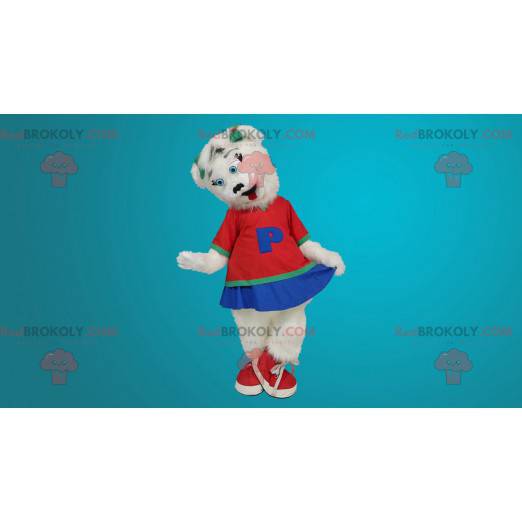 Hvid bjørnemaskot klædt som en cheerleader - Redbrokoly.com