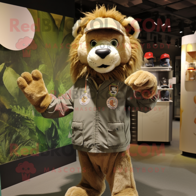 Olive Lion mascot costume character dressed with a Parka and Caps Olive Lion mascot costume character dressed with a Parka and Caps