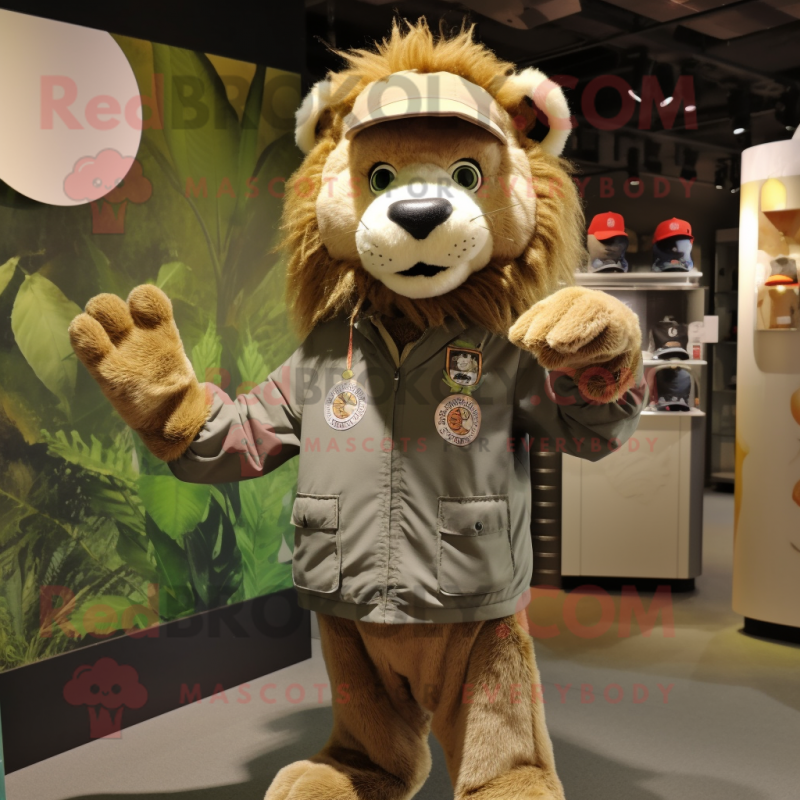 Olive Lion mascot costume character dressed with a Parka and Caps