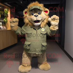 Olive Lion mascot costume character dressed with a Parka and Caps