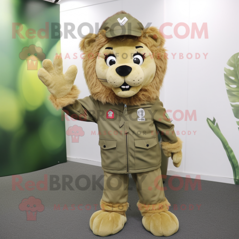 Olive Lion mascot costume character dressed with a Parka and Caps