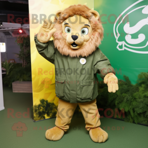 Olive Lion mascot costume character dressed with a Parka and Caps