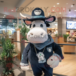 Navy Cow mascot costume character dressed with a Sweater and Hat pins