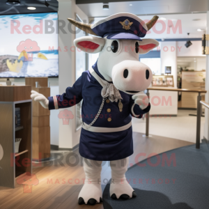Navy Cow mascot costume character dressed with a Sweater and Hat pins