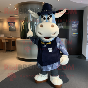 Navy Cow mascot costume character dressed with a Sweater and Hat pins