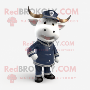 Navy Cow mascot costume character dressed with a Sweater and Hat pins