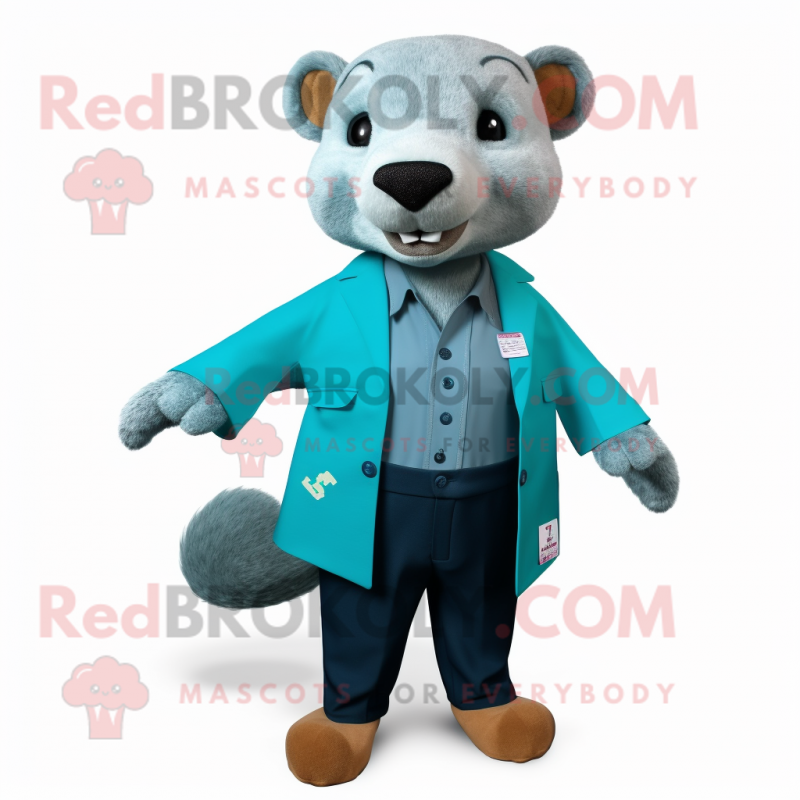 Cyan Mongoose mascot costume character dressed with a Jacket and Pocket squares