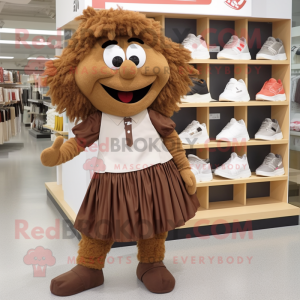 Brown Momentum mascot costume character dressed with a Skirt and Shoe clips