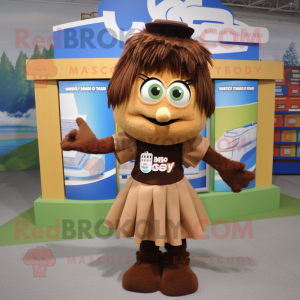 Brown Momentum mascot costume character dressed with a Skirt and Shoe clips