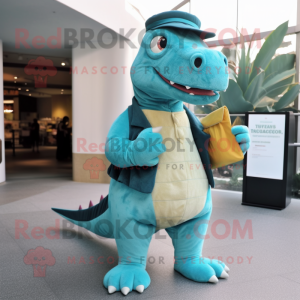 Turquoise Iguanodon mascot costume character dressed with a Corduroy Pants and Clutch bags