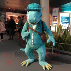 Turquoise Iguanodon mascot costume character dressed with a Corduroy Pants and Clutch bags