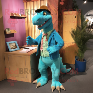 Turquoise Iguanodon mascot costume character dressed with a Corduroy Pants and Clutch bags