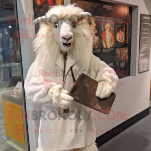 Cream Angora Goat mascot costume character dressed with a Button-Up Shirt and Shawls