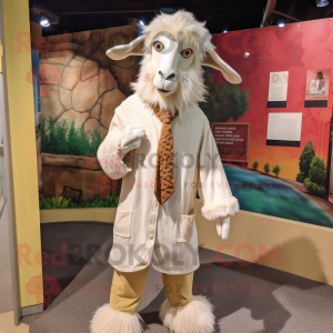 Cream Angora Goat mascot costume character dressed with a Button-Up Shirt and Shawls