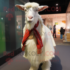 Cream Angora Goat mascot costume character dressed with a Button-Up Shirt and Shawls