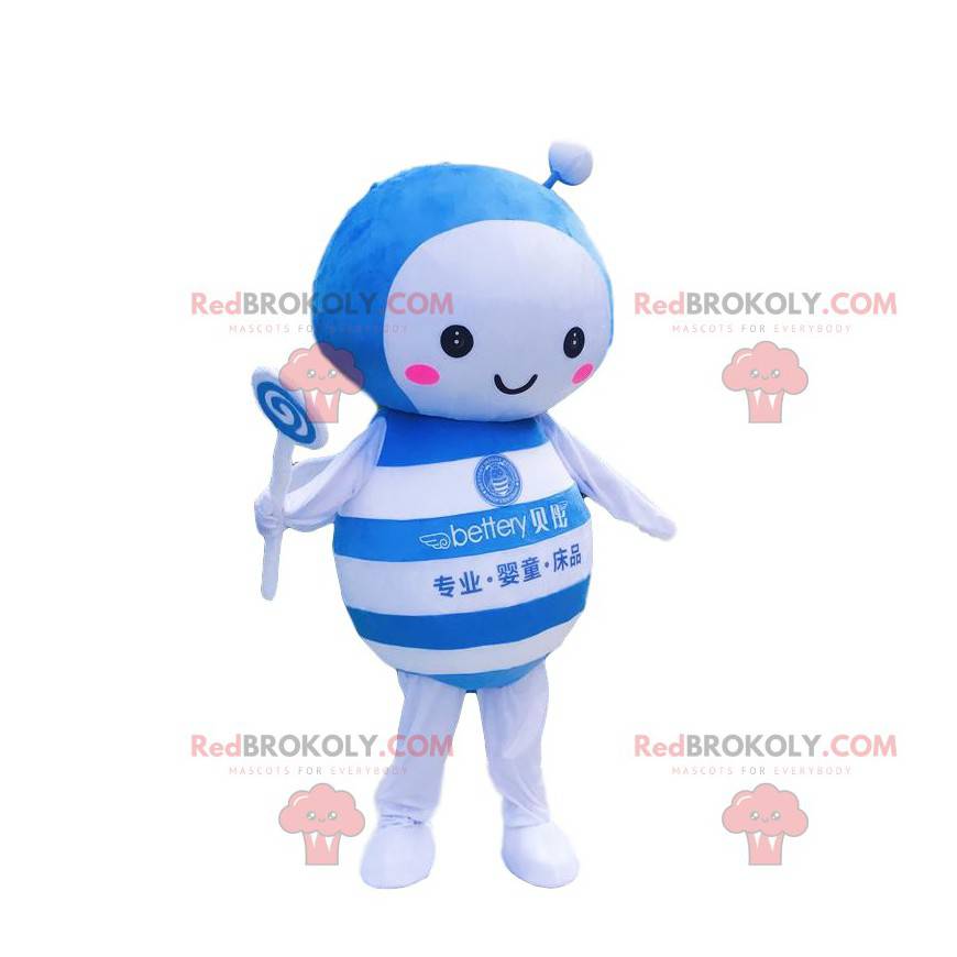 Mascotte d'abeille bleue et blanche, costume d'insecte -