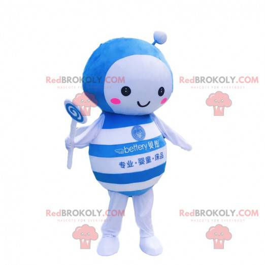 Mascotte d'abeille bleue et blanche, costume d'insecte -