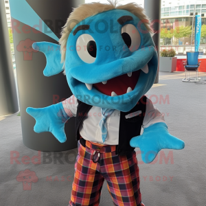 Turquoise Barracuda mascot costume character dressed with a Flannel Shirt and Bow ties