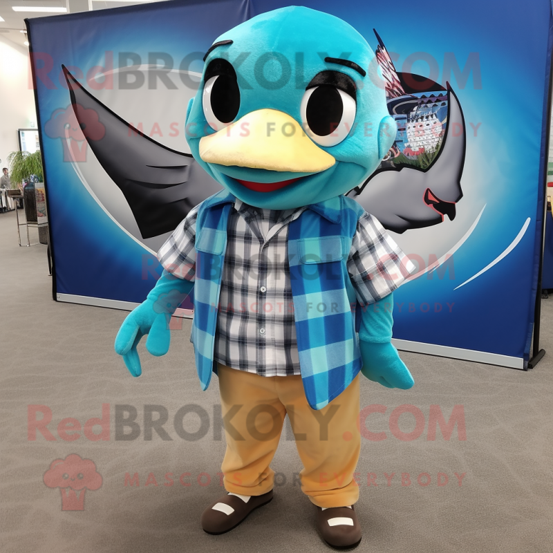 Turquoise Barracuda mascot costume character dressed with a Flannel Shirt and Bow ties