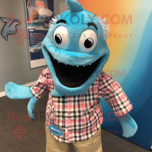 Turquoise Barracuda mascot costume character dressed with a Flannel Shirt and Bow ties