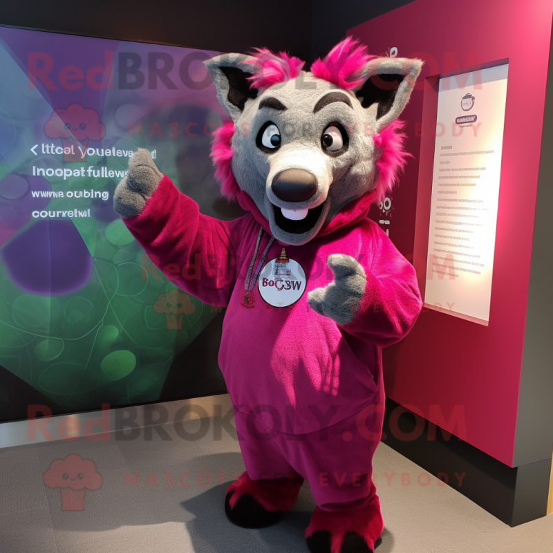 Magenta Hyena mascot costume character dressed with a Sweatshirt and Rings