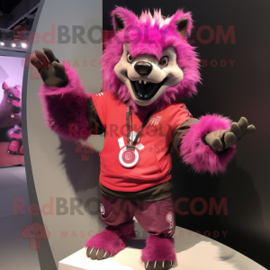 Magenta Hyena mascot costume character dressed with a Sweatshirt and Rings