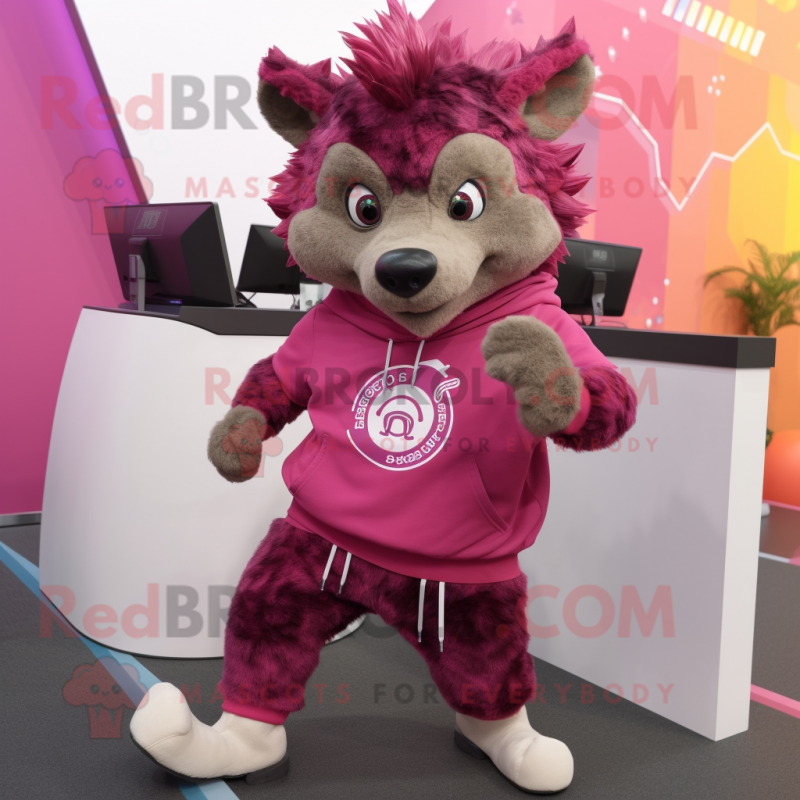 Magenta Hyena mascot costume character dressed with a Sweatshirt and Rings