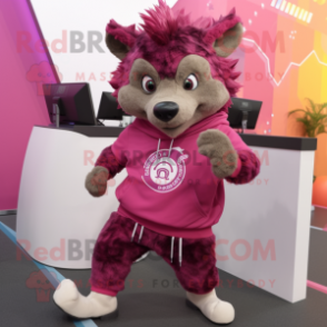 Magenta Hyena mascot costume character dressed with a Sweatshirt and Rings