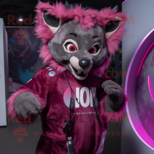 Magenta Hyena mascot costume character dressed with a Sweatshirt and Rings