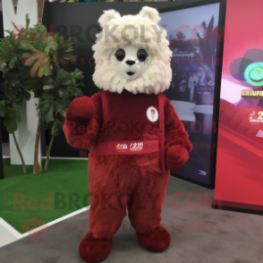 Maroon Alpaca mascot costume character dressed with a Jumpsuit and Hair clips
