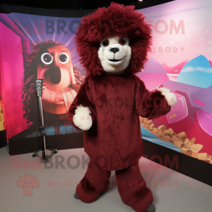 Maroon Alpaca mascot costume character dressed with a Jumpsuit and Hair clips