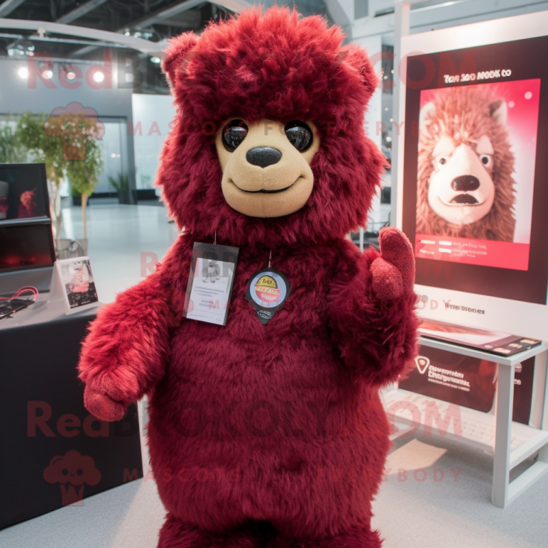 Maroon Alpaca mascot costume character dressed with a Jumpsuit and Hair clips