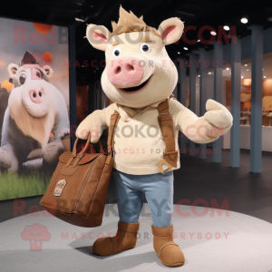 Beige Wild Boar mascot costume character dressed with a Jeans and Handbags