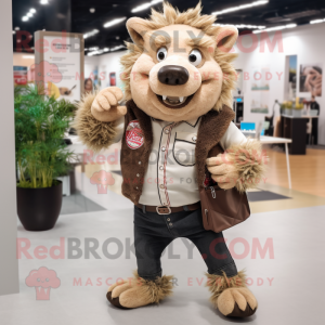 Beige Wild Boar mascot costume character dressed with a Jeans and Handbags