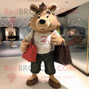Beige Wild Boar mascot costume character dressed with a Jeans and Handbags