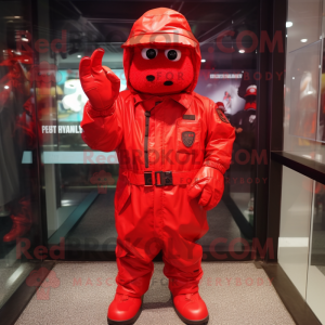 Red Marine Recon mascot costume character dressed with a Raincoat and Gloves