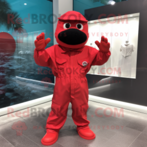 Red Marine Recon mascot costume character dressed with a Raincoat and Gloves