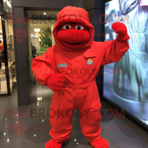 Red Marine Recon mascot costume character dressed with a Raincoat and Gloves