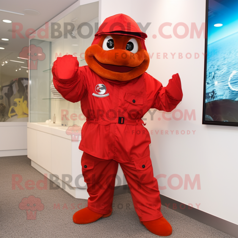 Red Marine Recon mascot costume character dressed with a Raincoat and Gloves Red Marine Recon mascot costume character dressed with a Raincoat and Gloves