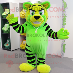 Lime Green Tiger mascot costume character dressed with a Capri Pants and Mittens