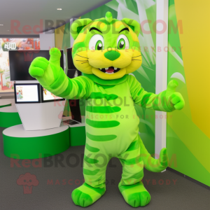 Lime Green Tiger mascot costume character dressed with a Capri Pants and Mittens
