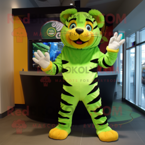 Lime Green Tiger mascot costume character dressed with a Capri Pants and Mittens
