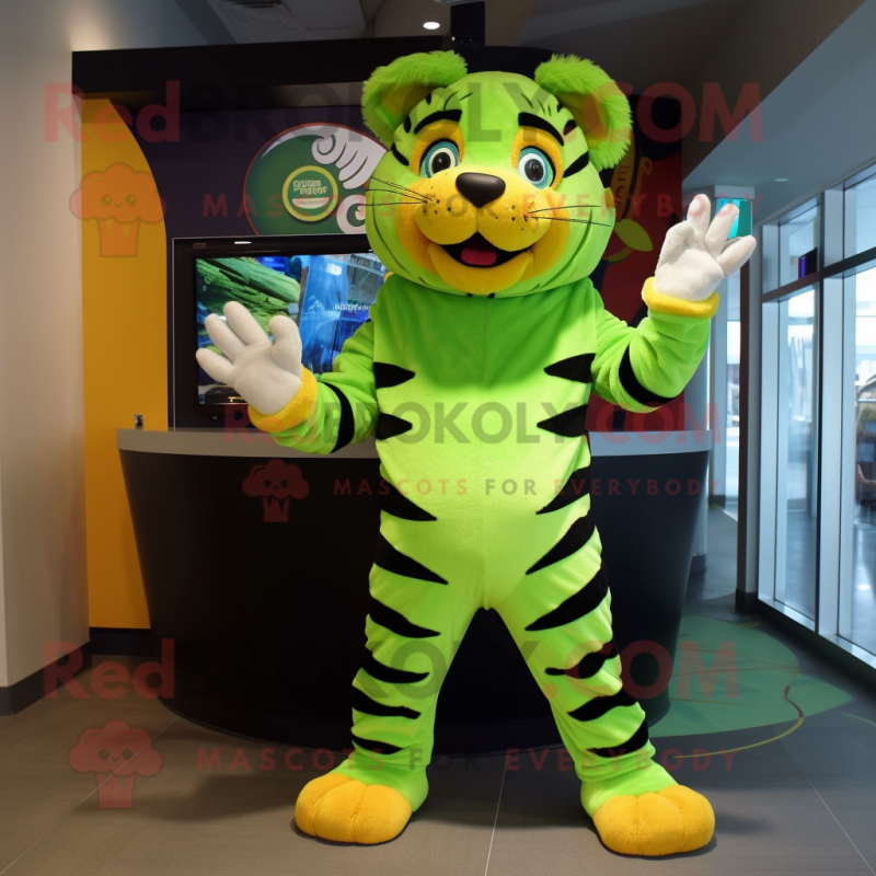 Lime Green Tiger mascot costume character dressed with a Capri Pants and Mittens Lime Green Tiger mascot costume character dressed with a Capri Pants and Mittens