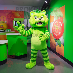 Lime Green Tiger mascot costume character dressed with a Capri Pants and Mittens