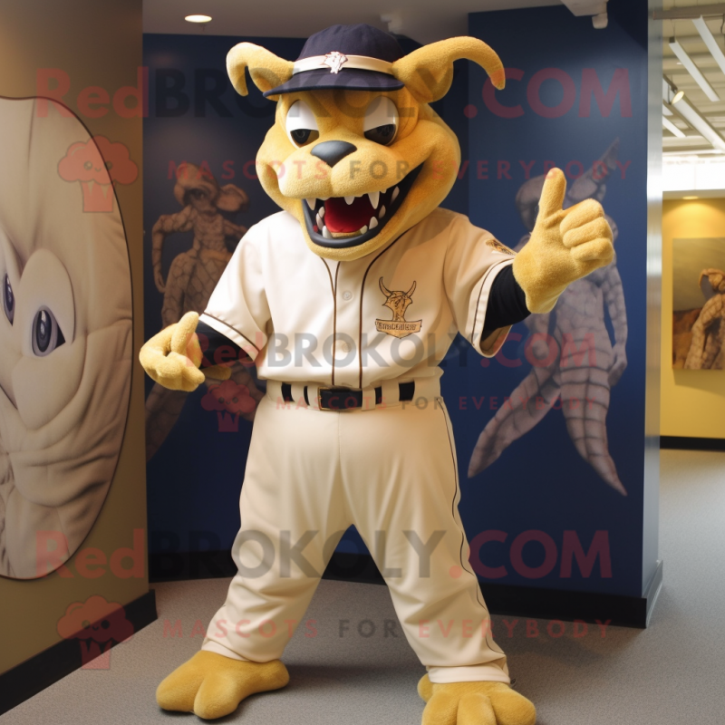 Gold Gargoyle mascot costume character dressed with a Baseball Tee and Ties Gold Gargoyle mascot costume character dressed with a Baseball Tee and Ties