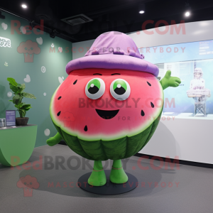 Lavender Watermelon mascot costume character dressed with a Bikini and Caps