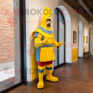 Yellow Swiss Guard mascot costume character dressed with a Poplin Shirt and Shoe laces
