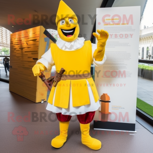 Yellow Swiss Guard mascot costume character dressed with a Poplin Shirt and Shoe laces