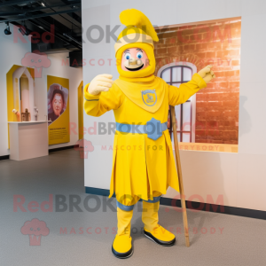 Yellow Swiss Guard mascot costume character dressed with a Poplin Shirt and Shoe laces