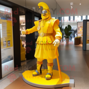 Yellow Swiss Guard mascot costume character dressed with a Poplin Shirt and Shoe laces